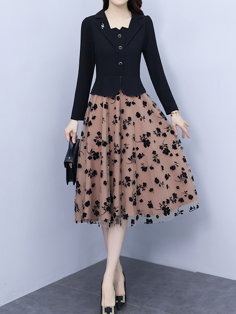 Splice long sleeve gauze autumn temperament dress