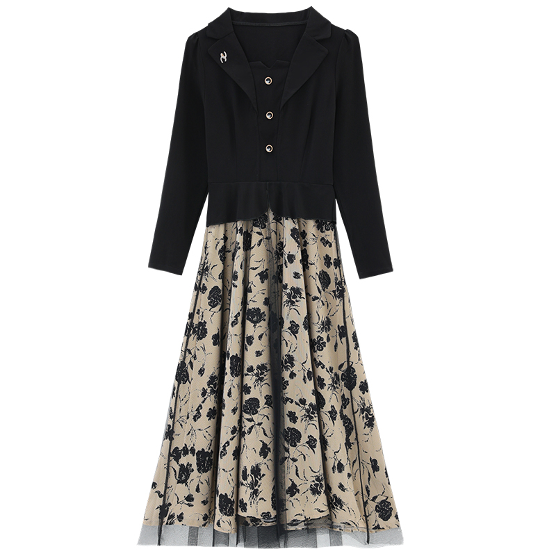 Splice long sleeve gauze autumn temperament dress