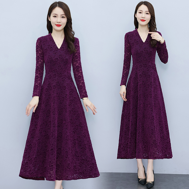 Large yard hollow temperament long dress lace slim dress