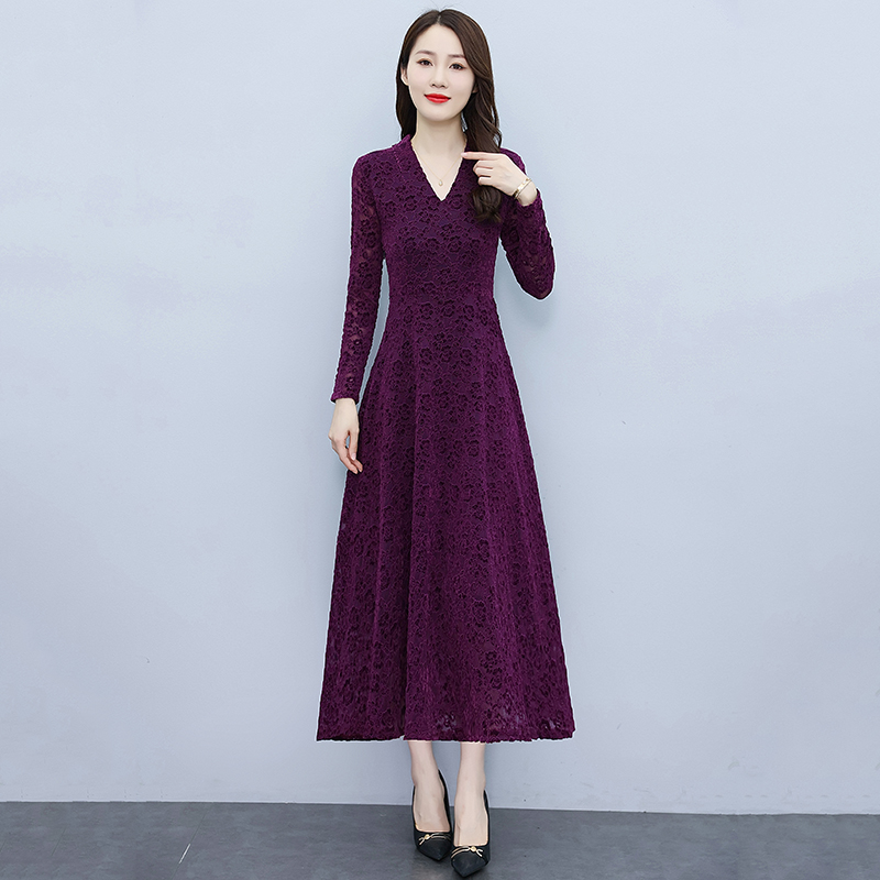 Large yard hollow temperament long dress lace slim dress