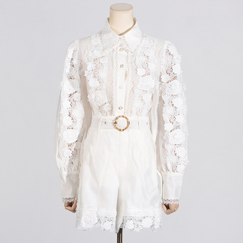 Elegant France style shirt lace shorts a set for women