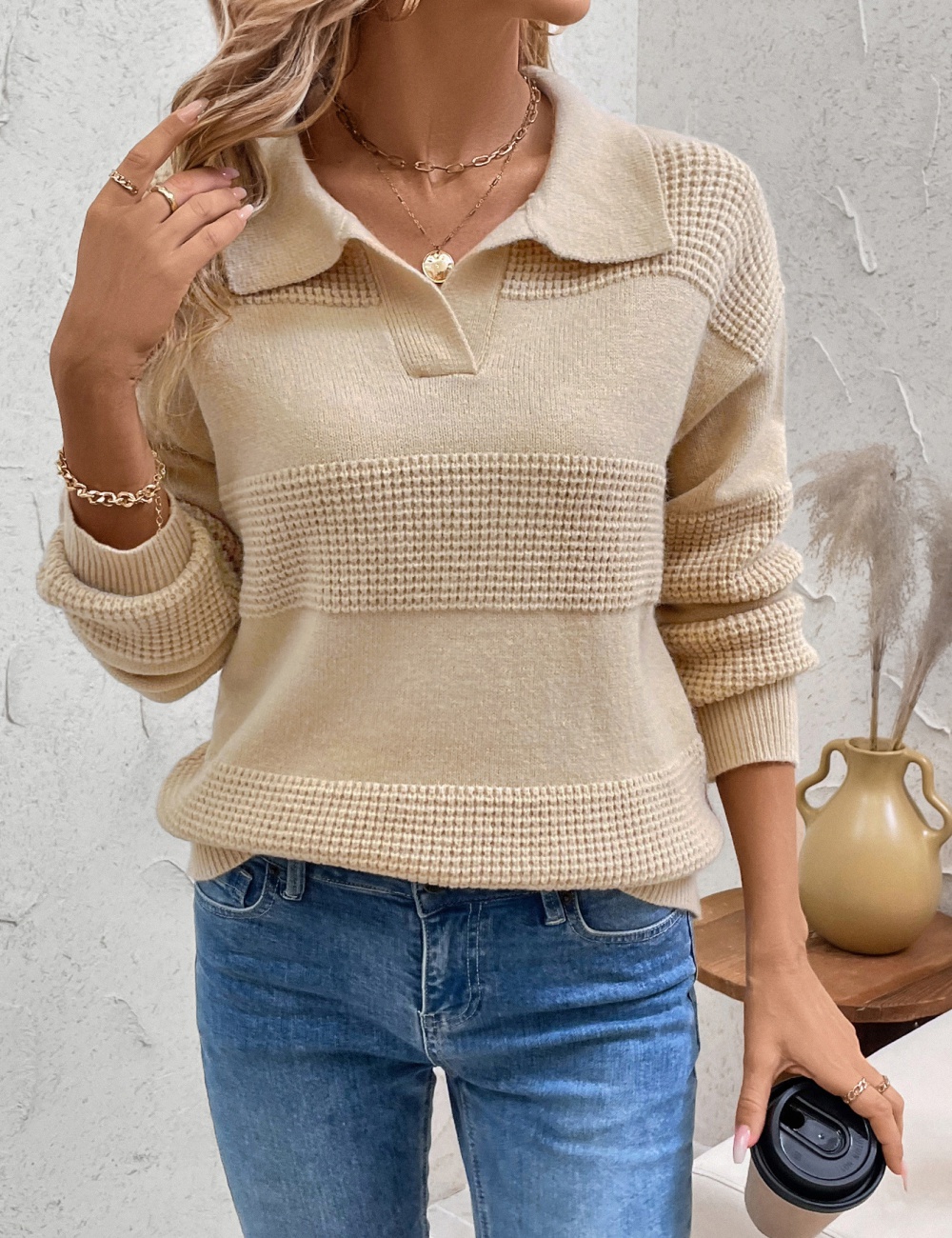 Lapel pure long sleeve European style sweater for women