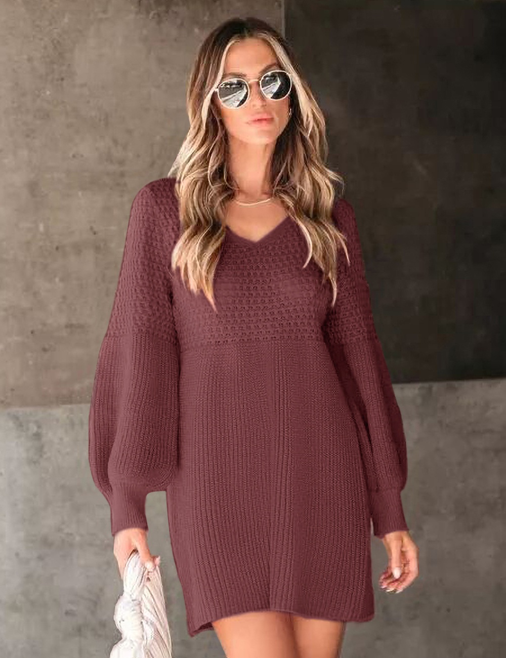 Pure autumn and winter V-neck sweater dress for women