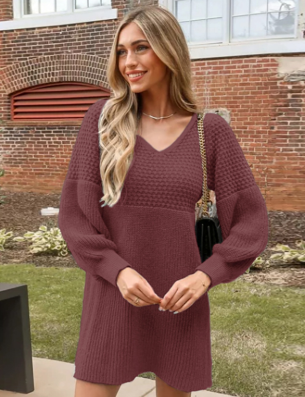 Pure autumn and winter V-neck sweater dress for women