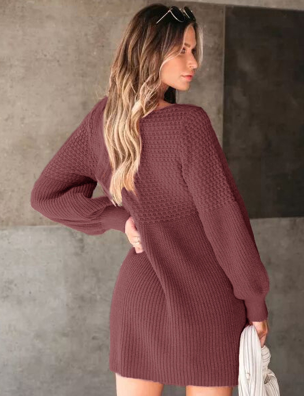 Pure autumn and winter V-neck sweater dress for women