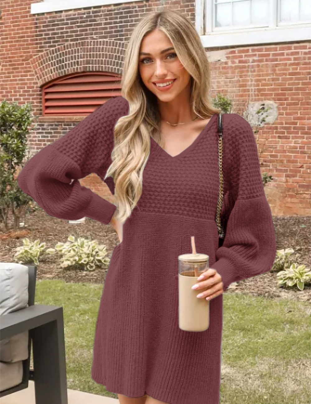 Pure autumn and winter V-neck sweater dress for women