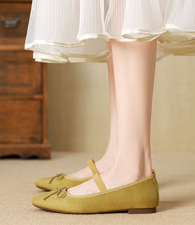 Low ballet France style flat retro bow buff shoes