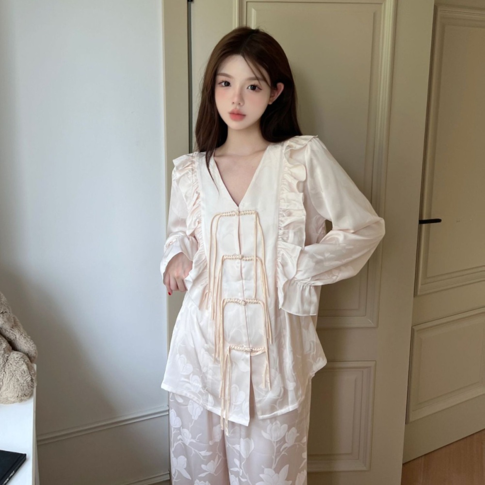 Long sleeve pajamas jacquard long pants a set for women