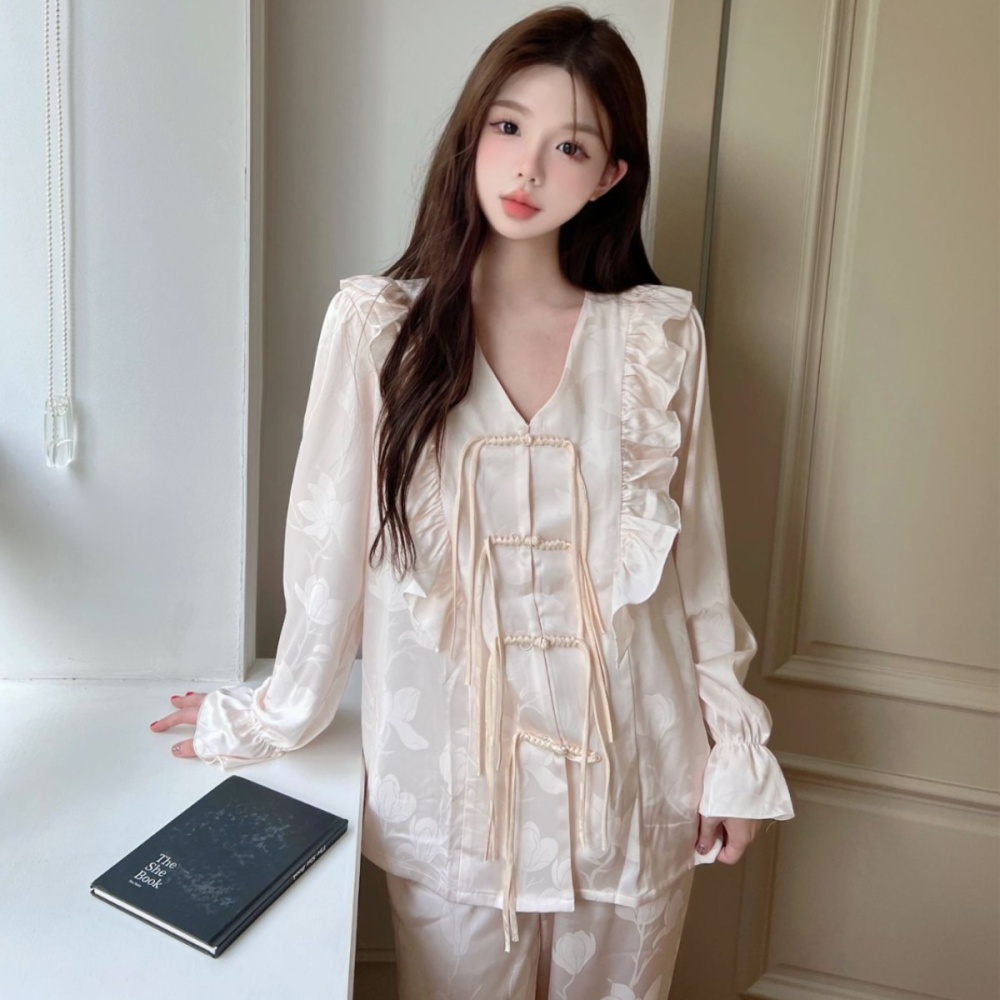 Long sleeve pajamas jacquard long pants a set for women