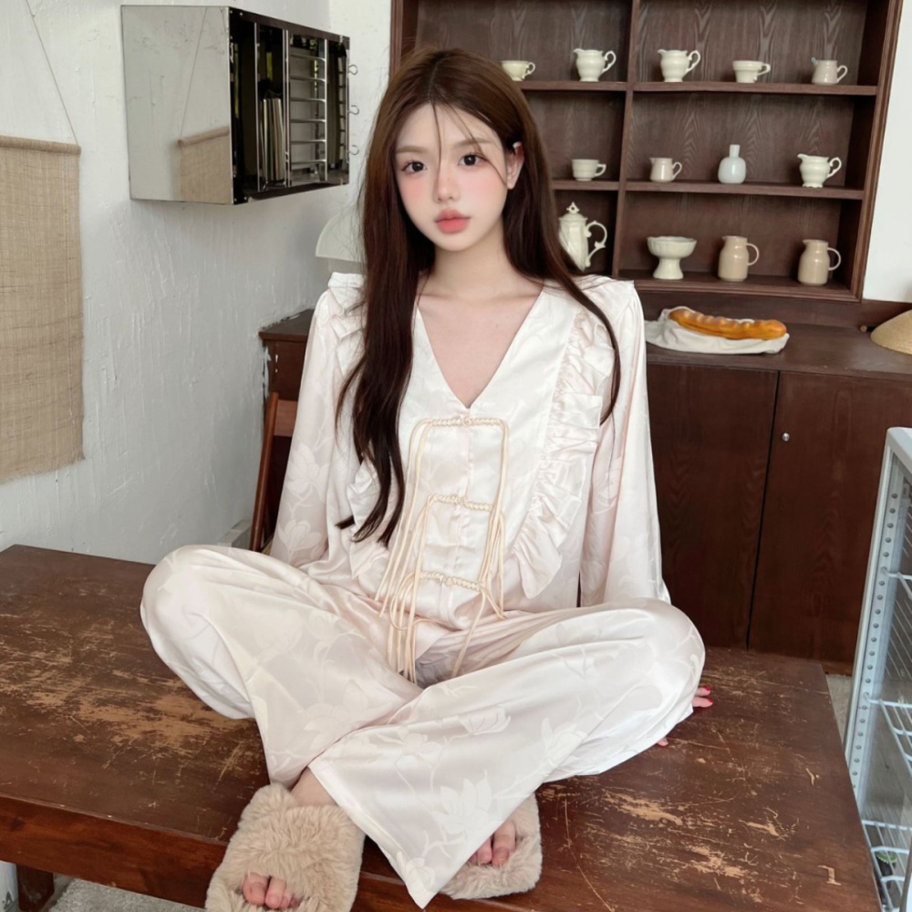 Long sleeve pajamas jacquard long pants a set for women