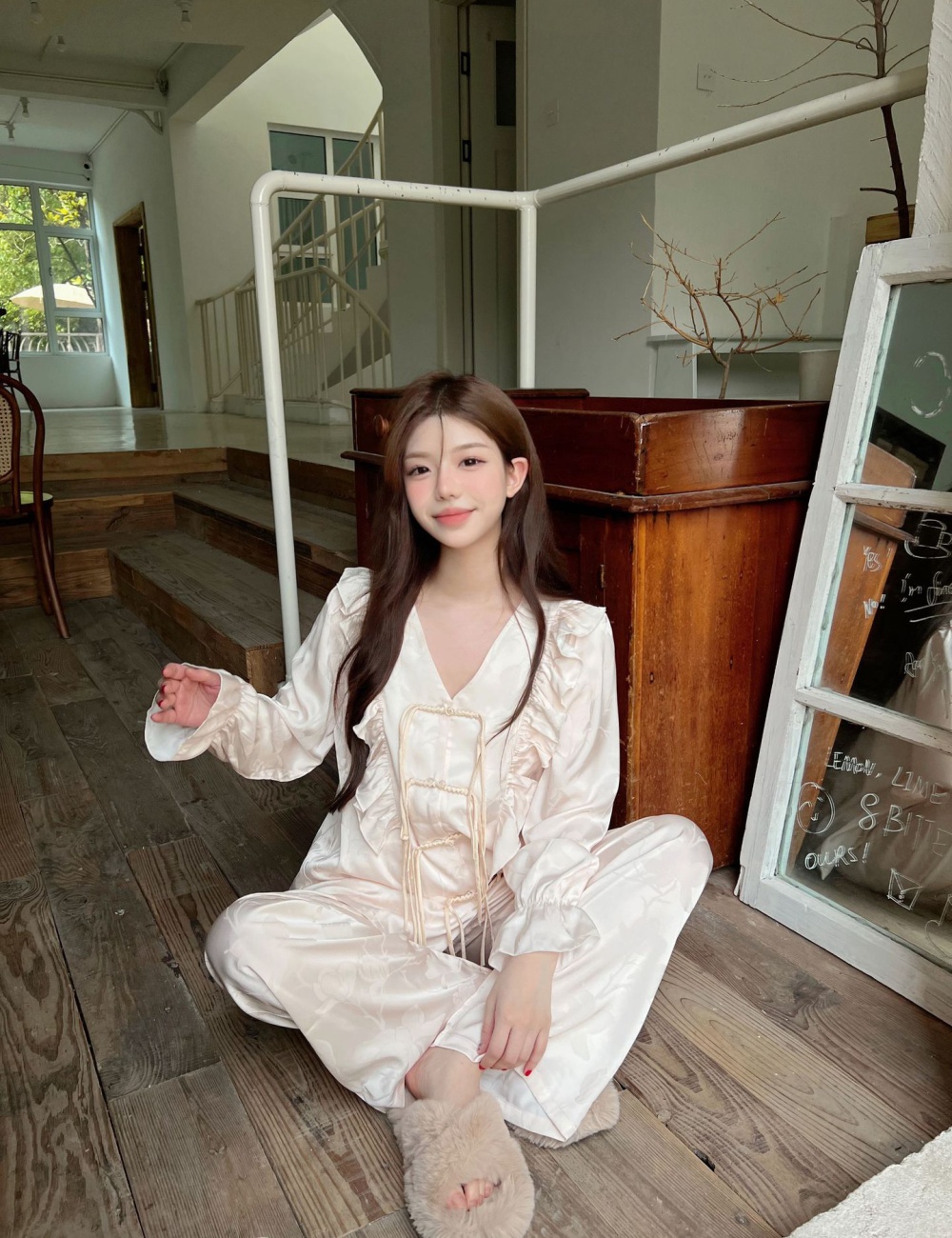 Long sleeve pajamas jacquard long pants a set for women