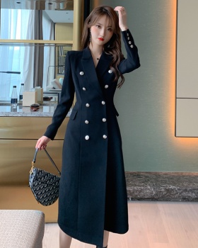 Slim pearl buckle dress double row coat for women