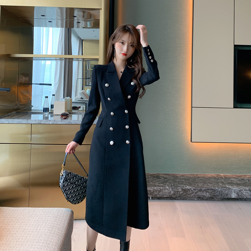 Slim pearl buckle dress double row coat for women