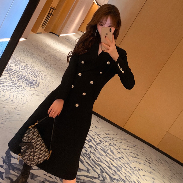 Slim pearl buckle dress double row coat for women