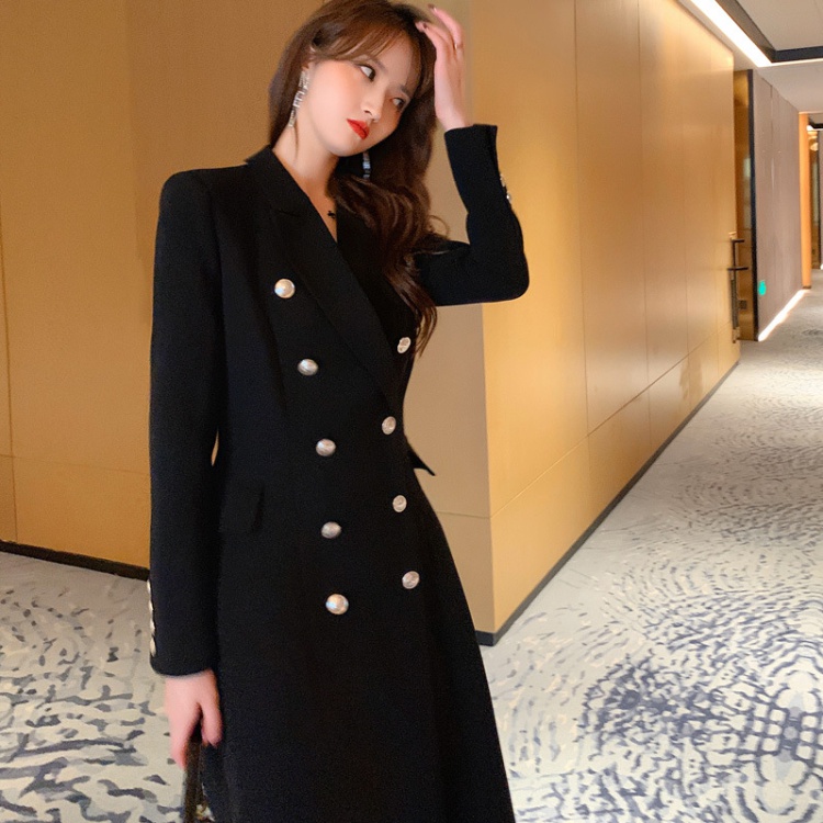 Slim pearl buckle dress double row coat for women