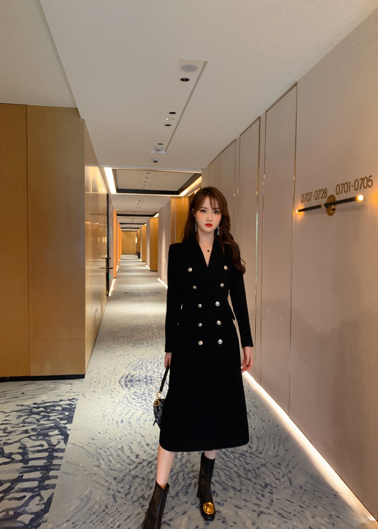 Slim pearl buckle dress double row coat for women