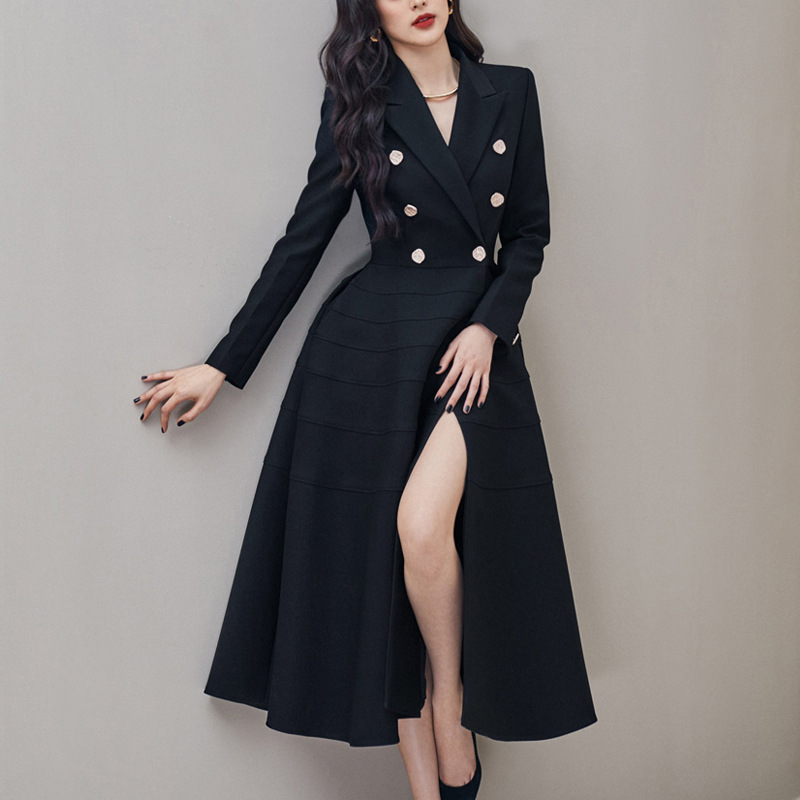 Ladies temperament long dress black business suit