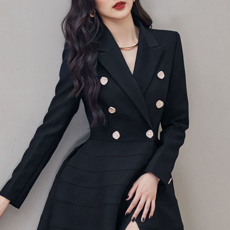 Ladies temperament long dress black business suit