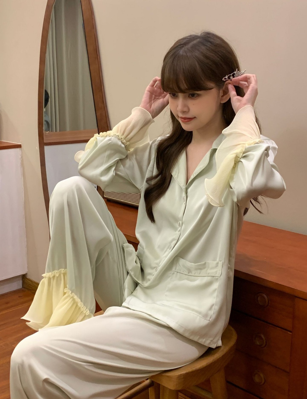 Sweet princess France style ice silk long sleeve pajamas for women