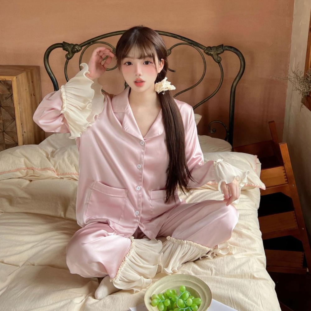 Sweet princess France style ice silk long sleeve pajamas for women