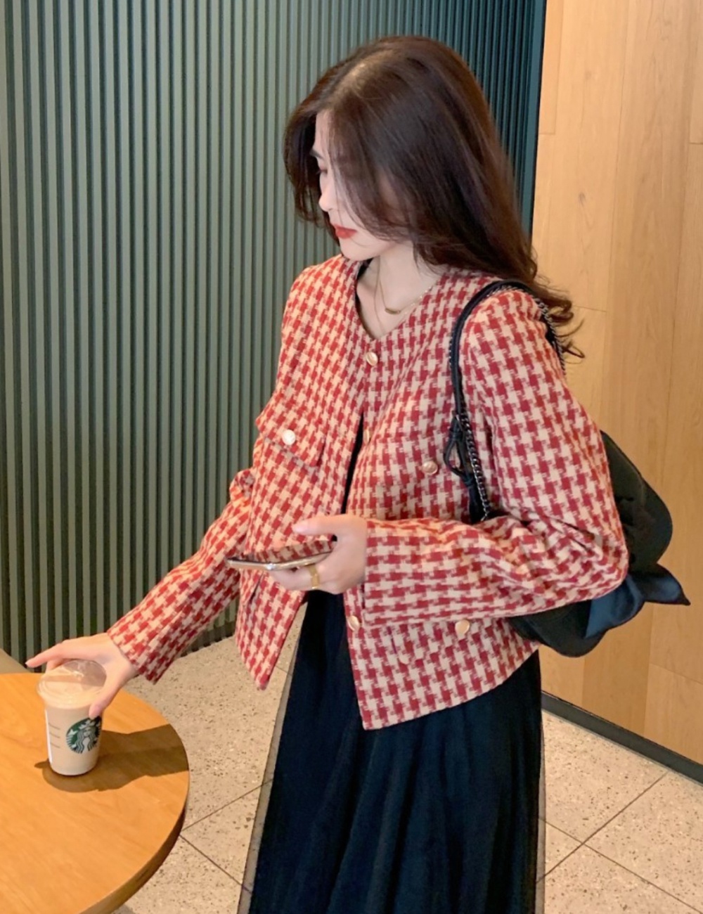 Houndstooth autumn short jacket Korean style retro tops