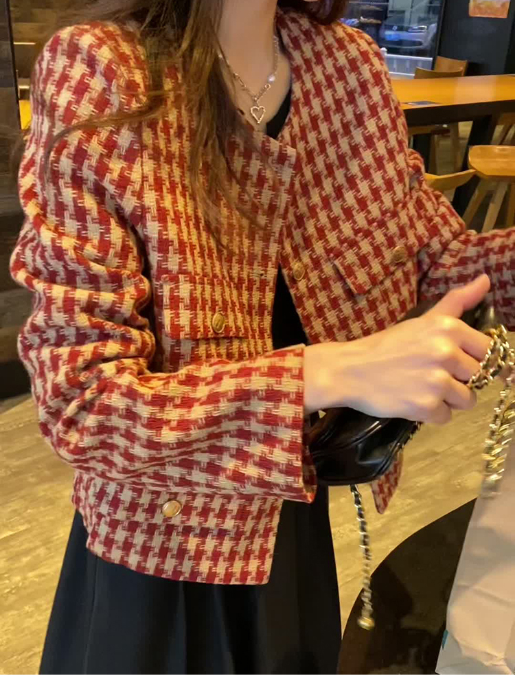 Houndstooth autumn short jacket Korean style retro tops