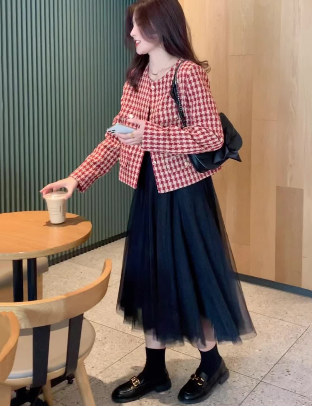 Houndstooth autumn short jacket Korean style retro tops