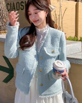 Spring and autumn short coat blue tops for women