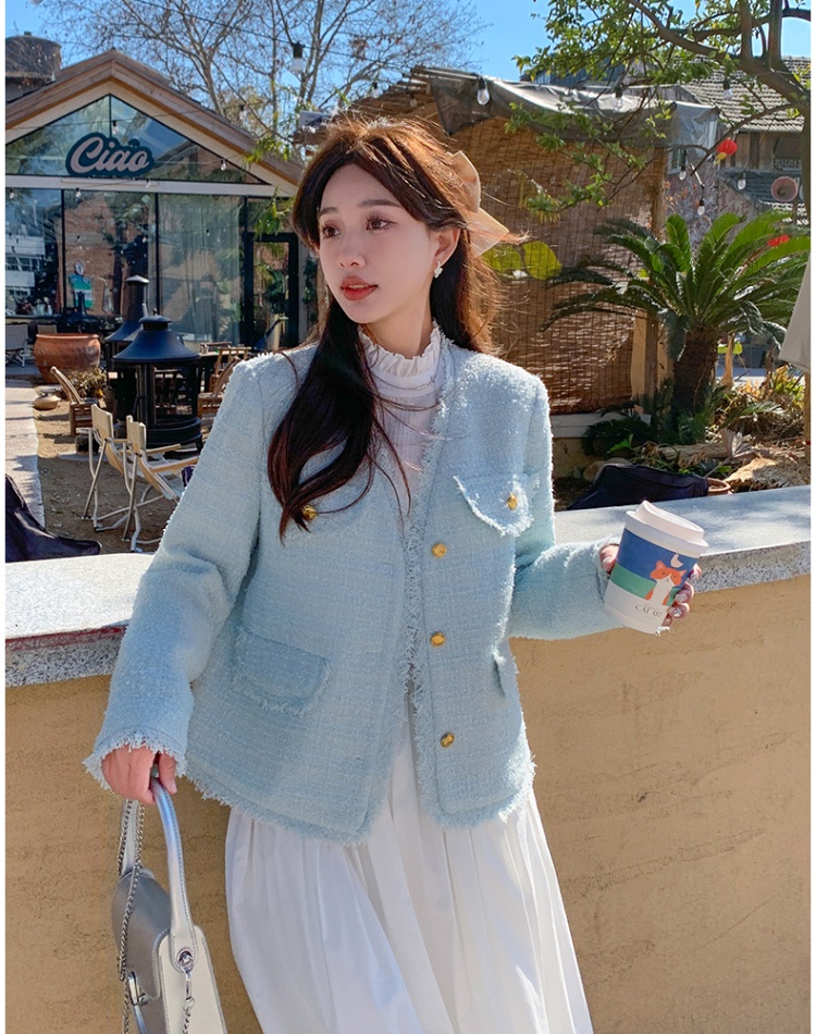 Spring and autumn short coat blue tops for women