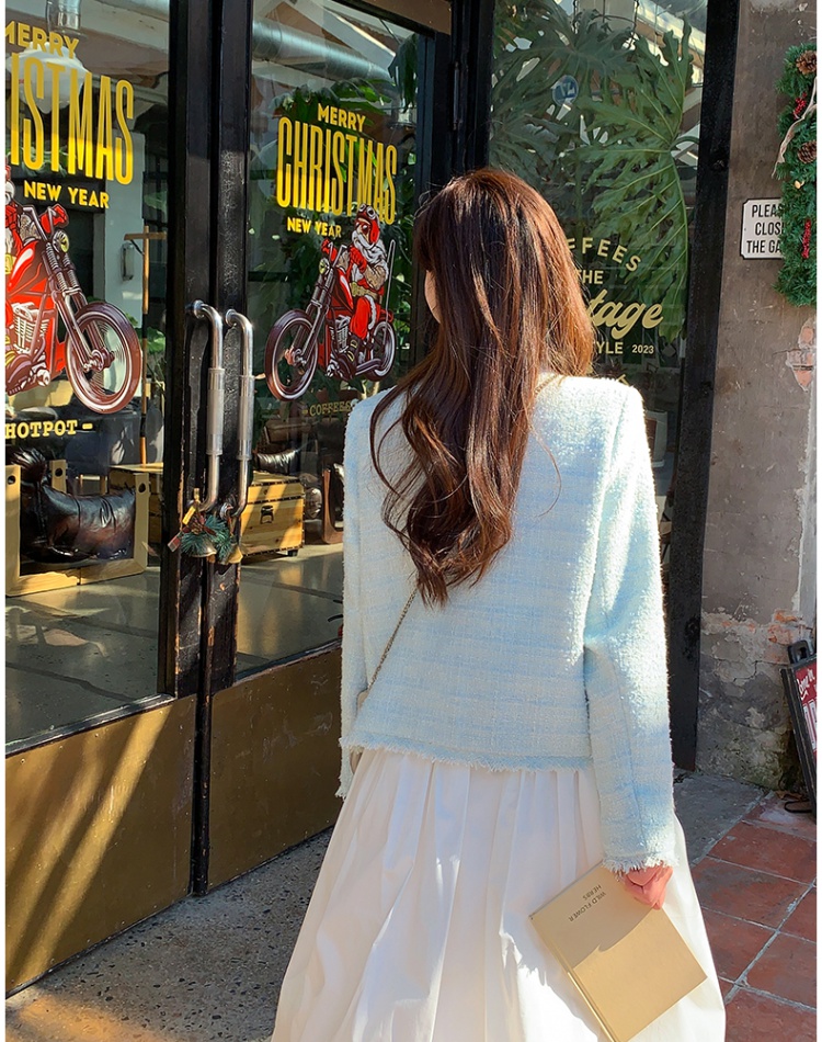 Spring and autumn short coat blue tops for women