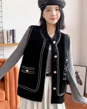 Mink velvet round neck coat all-match cardigan for women