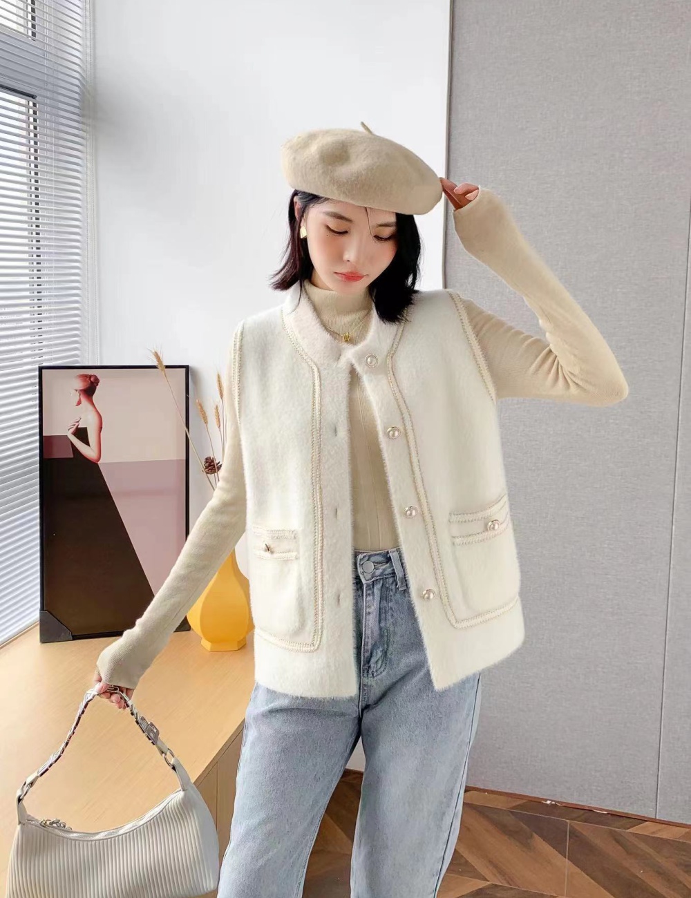 Mink velvet round neck coat all-match cardigan for women