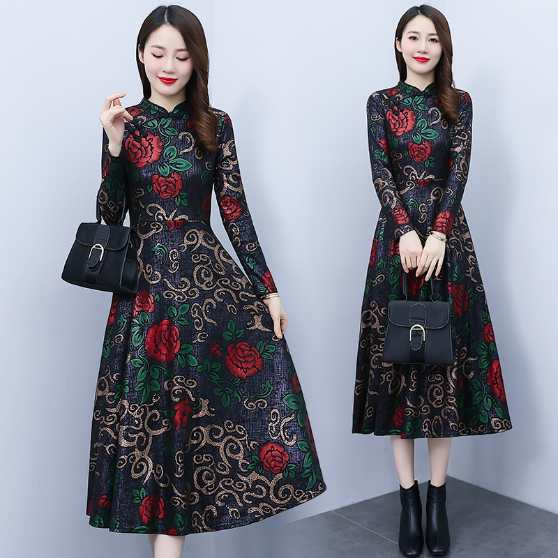 Pocket autumn and winter printing dress for women