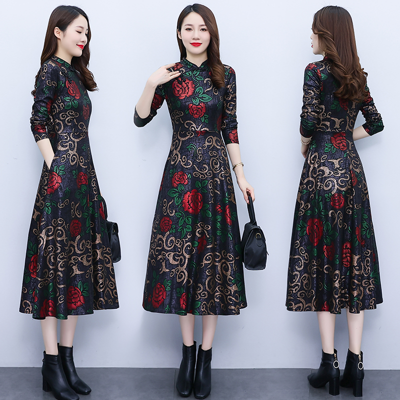 Pocket autumn and winter printing dress for women