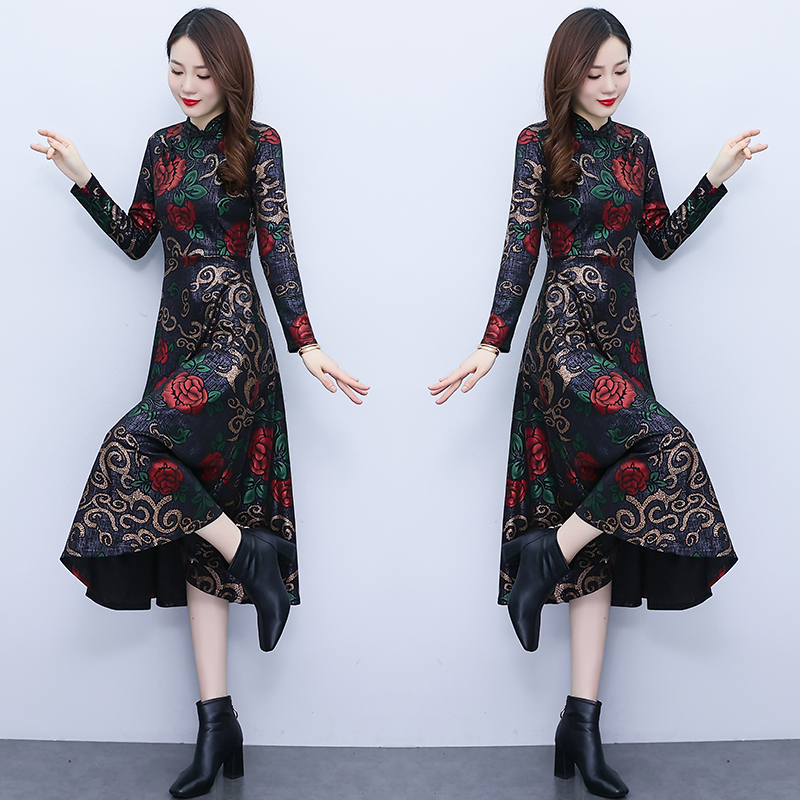 Pocket autumn and winter printing dress for women