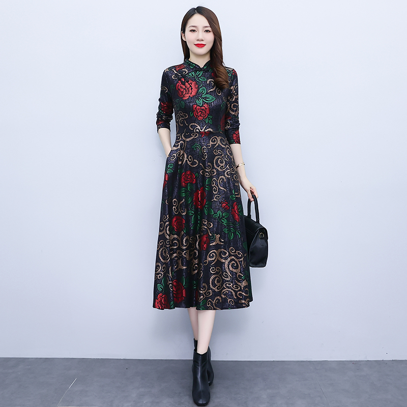 Pocket autumn and winter printing dress for women