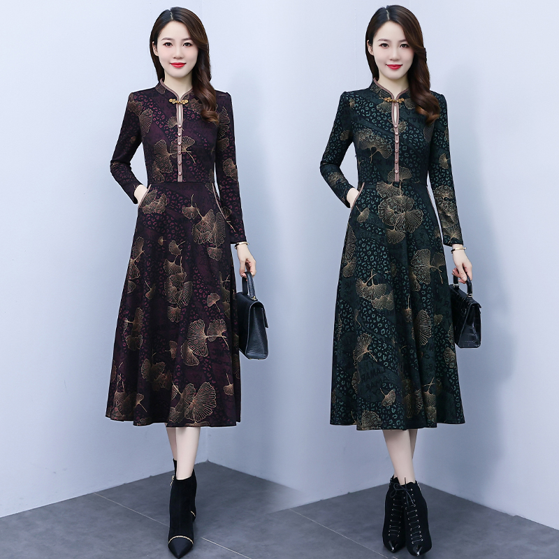 Ladies autumn and winter temperament printing dress