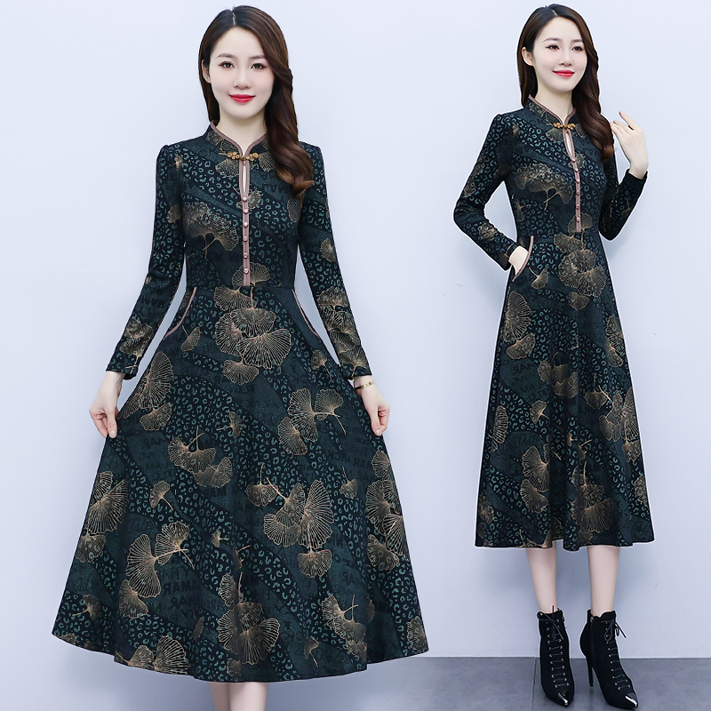 Ladies autumn and winter temperament printing dress