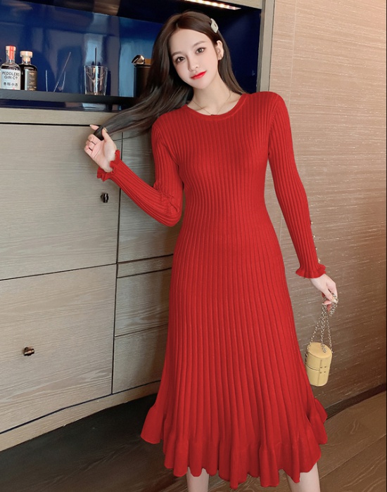 Knitted slim dress wood ear long sleeve sweater