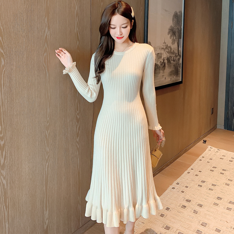 Knitted slim dress wood ear long sleeve sweater