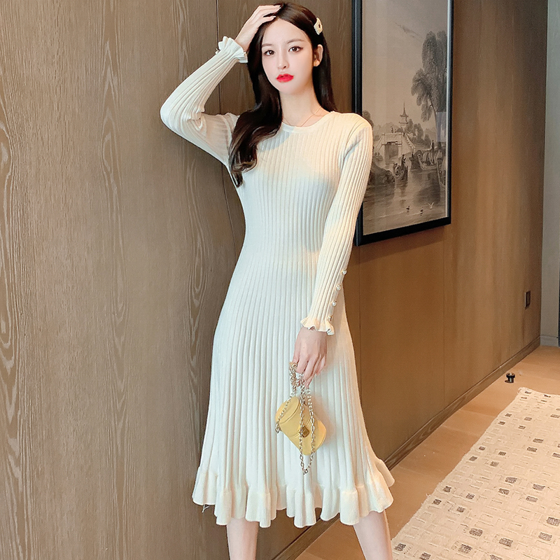 Knitted slim dress wood ear long sleeve sweater