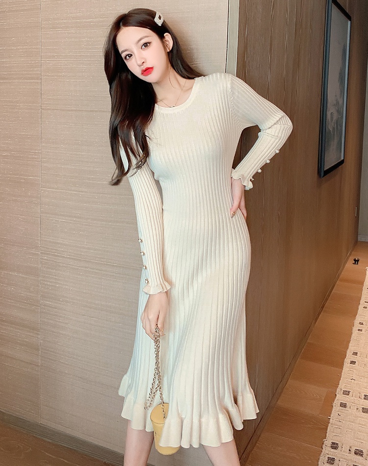 Knitted slim dress wood ear long sleeve sweater