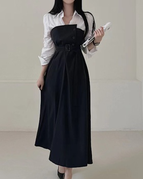 Splice lapel irregular pinched waist frenum dress