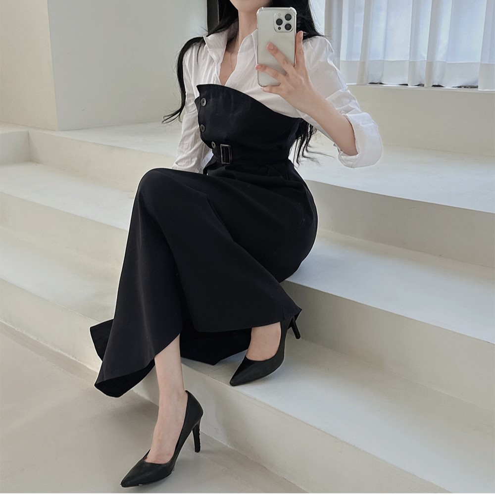 Splice lapel irregular pinched waist frenum dress