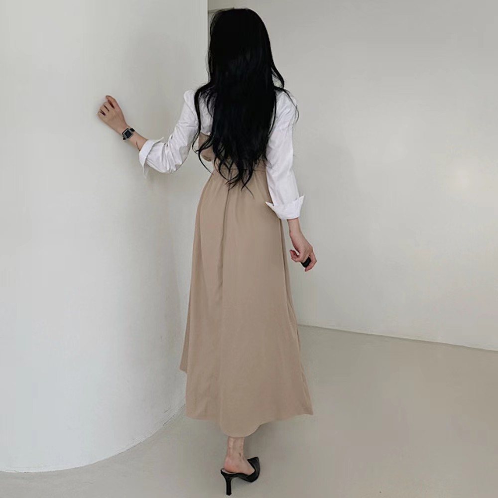 Splice lapel irregular pinched waist frenum dress