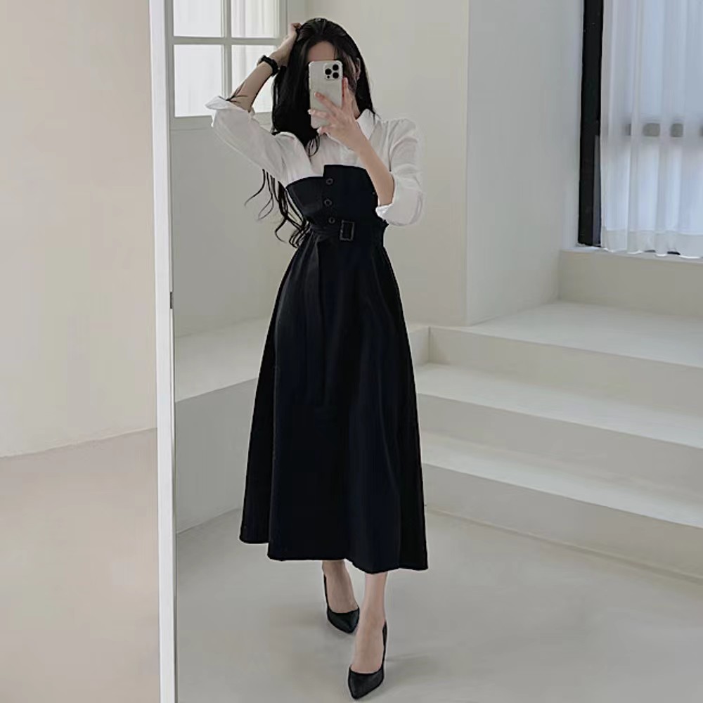 Splice lapel irregular pinched waist frenum dress