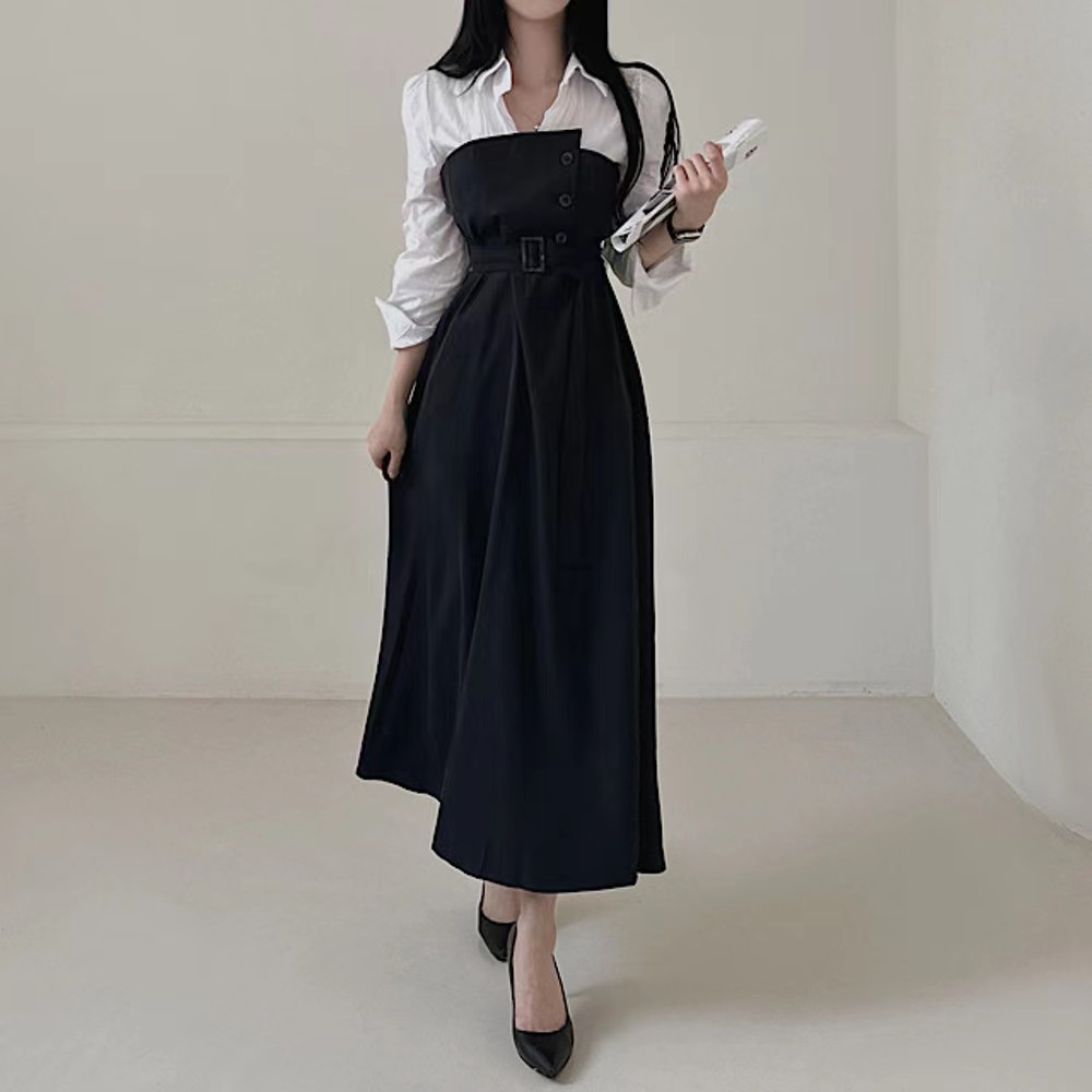 Splice lapel irregular pinched waist frenum dress