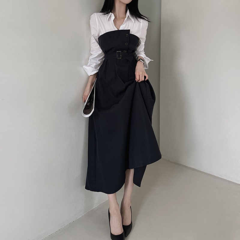 Splice lapel irregular pinched waist frenum dress