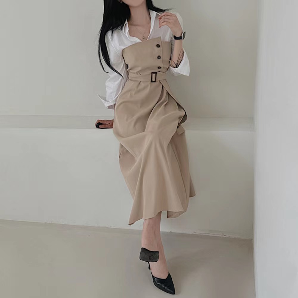 Splice lapel irregular pinched waist frenum dress