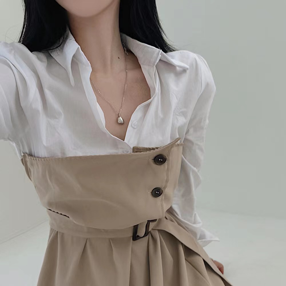 Splice lapel irregular pinched waist frenum dress